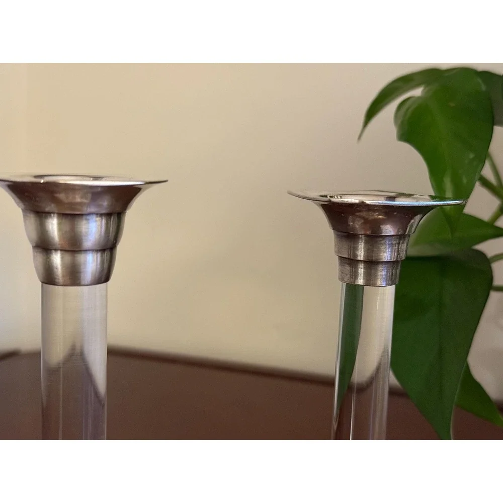 Vintage Lucite Candlesticks Silverplate Taper Holders | Mid Century Modern Decor